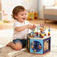 AIYAPLAY Wooden Activity Cube for Toddlers 18+ Months with Bead Maze