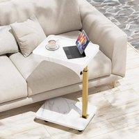 Huhote C-Shaped Side End Table Height Adjustable With Wheels Coffee Table in White