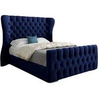 KDMD Lika Wide Curved Winged Upholstered Soft Velvet Designer Bed Frame in Blue | Size: Small Double