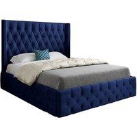 KDMD Wayno Straight Winged Upholstered Soft Velvet Designer Bed Frame in Blue | Size: Small Double