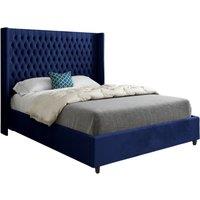 KDMD Serenova Straight Winged Upholstered Soft Velvet Designer Bed Frame in Blue | Size: Small Single