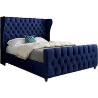 KDMD Dozer Straight Curved Top Upholstered Soft Velvet Designer Bed Frame in Blue | Size: Small Double