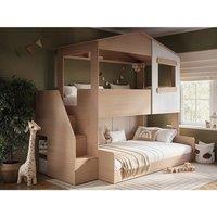 Flair Dreamland House Triple Bunk Bed with Staircase in Light Oak | Size: Small Double