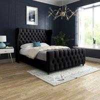 KDMD Donati Straight Curved Top Upholstered Soft Velvet Black Bed Frame | Size: Small Single