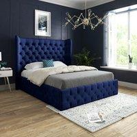 KDMD Florence Wide Winged Upholstered Soft Velvet Blue Bed Frame | Size: Small Single