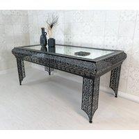 Downton Interiors Black Embossed Metal Mirrored Glass Coffee Table - Agadir Range | Size: Large