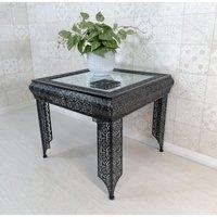 Downton Interiors Black Embossed Metal Mirrored Glass Side Table- Agadir range | Size: Medium
