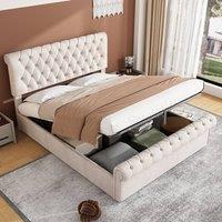 BTM Velvet Button Tufted Sleigh Bed with Storage & Slatted Frame in Beige | Size: Double