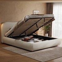 BTM Ottoman Storage Bed with Curved Headboard & Boucle Fabric in White | Size: Double
