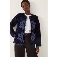 Monsoon Women's Delilah Embroidered Velvet Quilted Jacket Blue | Size: Small