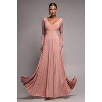 Goddiva Women's Plunge Neck Long Sleeve A Line Maxi Dress in Light Pink | Size: 8