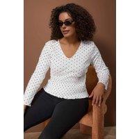 WOVCOR Women's Polka Dot Shirred Waist V Neck Long Sleeve Knitted Top in White | Size: 4XL