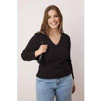 WOVCOR Women's Polka Dot Shirred Waist V Neck Long Sleeve Knitted Top in Black | Size: 4XL