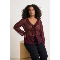 WOVCOR Women's Sheer Mesh Tie Front Frill Detail Long Sleeve Blouse in Burgundy | Size: 2XL