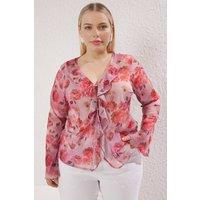 WOVCOR Women's Floral Print Frill Detail Tie Front Sheer Long Sleeve Blouse | Size: XL