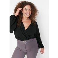 WOVCOR Women's Plain Wrap Front Long Sleeve V Neck Knitted Blouse in Black | Size: 3XL