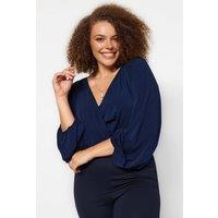 WOVCOR Women's Plain Wrap Front Long Sleeve V Neck Knitted Blouse in Navy | Size: XL