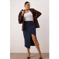 WOVCOR Women's Plain Split Hem Midi Pencil Skirt in Navy | Size: 2XL