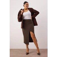 WOVCOR Women's Plain Split Hem Midi Pencil Skirt in Brown | Size: 4XL