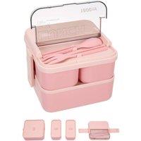 Living and Home 1.8L 2-Tier 3-Grid Lunch Box with Fork and Spoon in Pink
