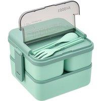 Living and Home 1.8L 2-Tier 3-Grid Lunch Box with Fork and Spoon in Green