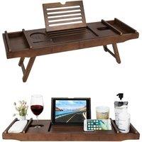 MANTRARAJ Bamboo Extendable Bath Tub Caddy with Folding Leg & Wine Tablet Holder in Dark Brown