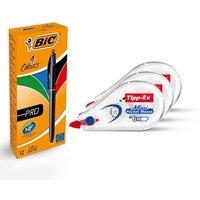 Bic 12x 4 Colours Pro Multi Pen & Tipp-Ex Mini Pocket Correction Tapes Pack of 3