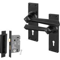 AFIT Black Antique Cast Iron Door Handles Key Lock Backplate 64mm | Size: 150mm x 150mm