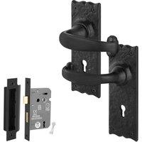 AFIT Black Antique Cast Iron Door Handles, Key Lock 64mm Backplate 1 Pair | Size: 150mm x 150mm