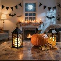 Bright Zeal Set of 2 34cm BlackGold Decorative Candle Lanterns Glass Panels &Timer in Black
