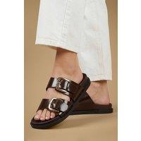 Oasis Women's Mary Faux High Shine Leather Chunky Buckle Footbed Sliders in Chocolate | Size: 5
