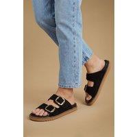 Oasis Women's Louisa Faux Suede Double Buckle Strap Footbed Sandals in Natural Black | Size: 7