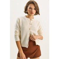 Bianco Lucci Women's Textured Ribbed Cardigan with Sequin Detail in Cream