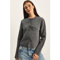 Bianco Lucci Women's Crew Neck Knit Cardigan with Bow Detail in Charcoal