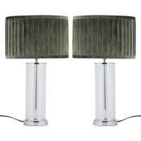 First Choice Lighting Set of 2 Aura - Chrome Table Lamps with Green Pleated Velvet Shades in Silver