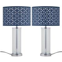 First Choice Lighting Set of 2 Aura - Chrome Table Lamps with Navy Blue Cut Out Shades in Silver