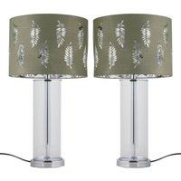 First Choice Lighting Set of 2 Aura - Chrome Table Lamps with Sage Green Fern Shades in Silver