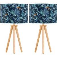 First Choice Lighting Set of 2 Light Oak Table Lamp Bedside Lights with Toucan Velvet Shades in Brown