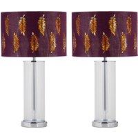 First Choice Lighting Set of 2 Aura - Chrome Table Lamps with Burgundy Fern Cut Out Shades in Silver