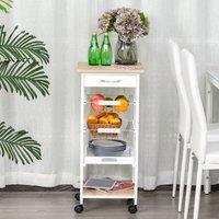 HOMCOM Mobile Rolling Kitchen Island Trolley for Home Metal Baskets in White