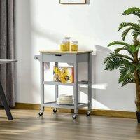HOMCOM Kitchen Trolley Utility Cart with Rubberwood Worktop Towel Rack Drawer in Grey