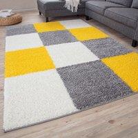 THE RUGS Soft Check High Pile Shaggy Rugs & Runners Living Room Bedroom 381 in Yellow | Size: 120 cm x 120 cm
