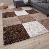 THE RUGS Soft Check High Pile Shaggy Rugs & Runners Living Room Bedroom 381 in Brown | Size: 120 cm diameter