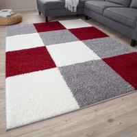THE RUGS Soft Check High Pile Shaggy Rugs & Runners Living Room Bedroom 381 in Red | Size: 120 cm diameter
