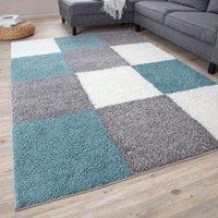 THE RUGS Soft Check High Pile Shaggy Rugs & Runners Living Room Bedroom 381 in Duck Egg Blue | Size: 120 cm diameter