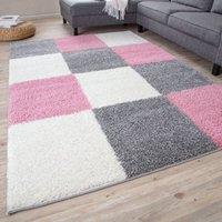 THE RUGS Soft Check High Pile Shaggy Rugs & Runners Living Room Bedroom 381 in Pink | Size: 120 cm diameter