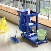 HOMCOM Cleaning Cart Housekeeping Trolley On Wheels with 3 Tier Shelves in Blue