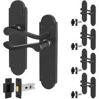 AFIT Black Door Handles with Latch, 5 Pairs Matt Black Backplate | Size: 150mm x 150mm