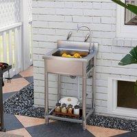 HOMCOM Stainless Steel Utility Sink with Cold & Hot Water Pipe Silver Tone