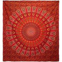 KDMD Double Cotton Bedspread & Wall Hanging - Peacock Mandala in Red